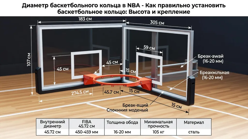 Диаметр баскетбольного кольца в NBA - Как правильно установить баскетбольное кольцо: Высота и крепление